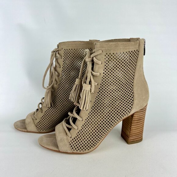 Marc Fisher Womens Shaini Perforated Lace Up Peep Toe Booties Taupe Suede size 8 - Picture 3 of 16